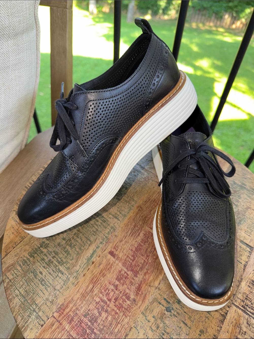 Women’s Cole Haan Black Perforated Wingtip Platform Oxfords with White Sole